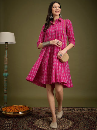 InWeave Fuchsia Ikkat Kantha Collar Flared Dress - Distacart