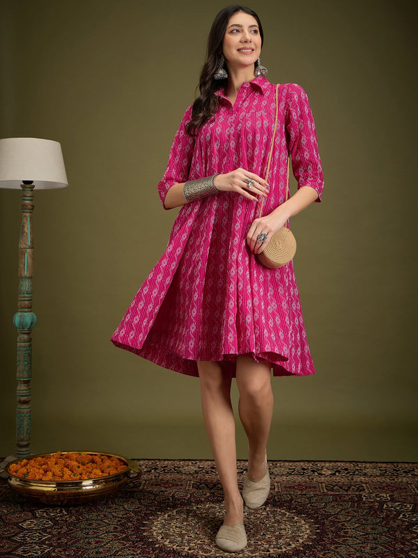InWeave Fuchsia Ikkat Kantha Collar Flared Dress