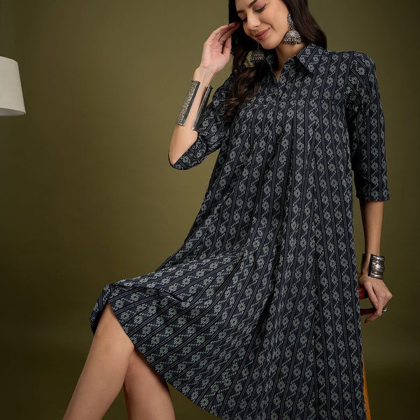 InWeave Black Ikkat Kantha Collar Flared Dress - Distacart