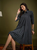 Thumbnail for InWeave Black Ikkat Kantha Collar Flared Dress