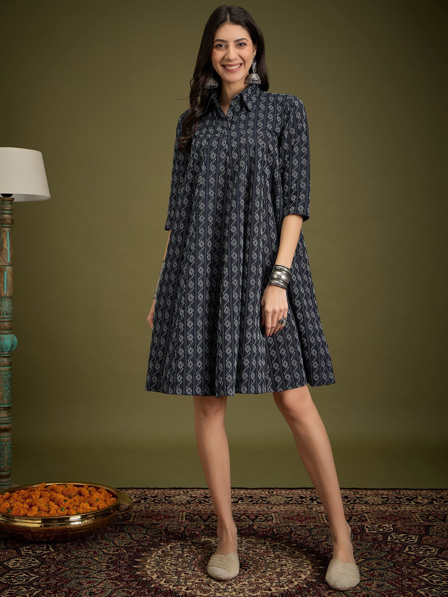 InWeave Black Ikkat Kantha Collar Flared Dress - Distacart