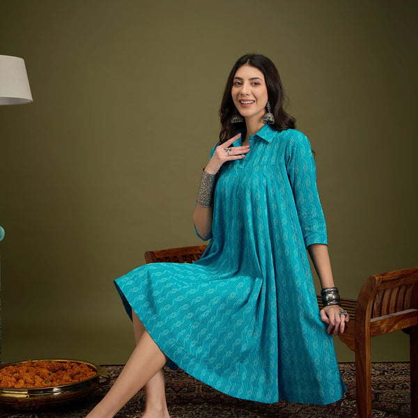 InWeave Cyan Blue Ikkat Kantha Collar Flared Dress - Distacart