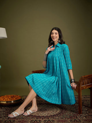 InWeave Cyan Blue Ikkat Kantha Collar Flared Dress - Distacart