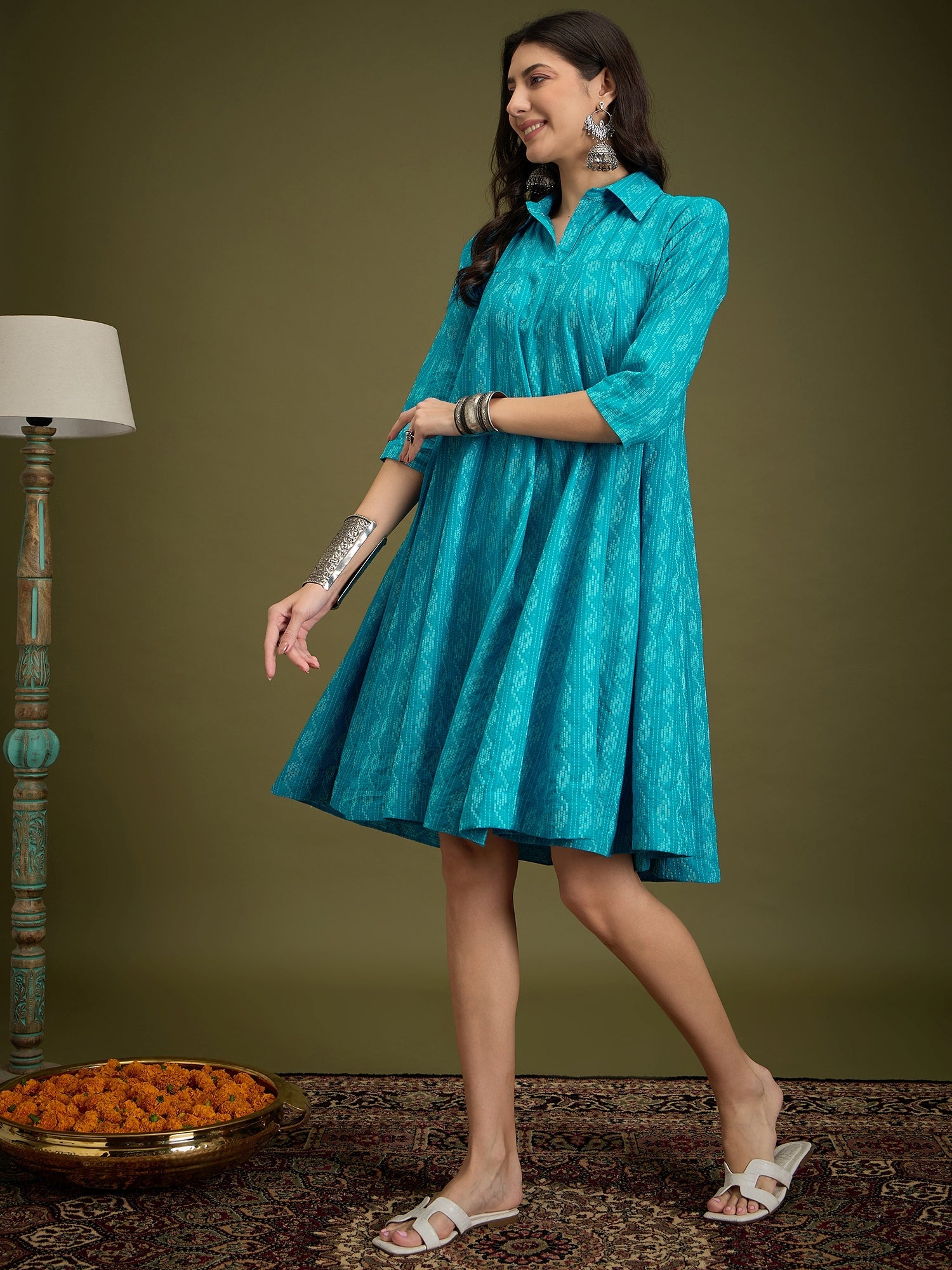 InWeave Cyan Blue Ikkat Kantha Collar Flared Dress - Distacart