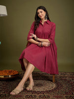 Thumbnail for InWeave Maroon Kantha Collar Flared Dress