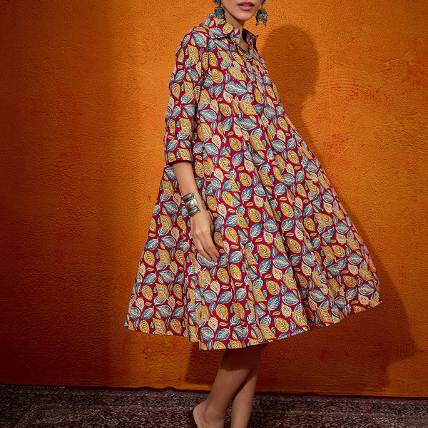 InWeave Maroon Yellow Blue Leaf Print Flared Dress - Distacart