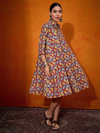 InWeave Maroon Yellow Blue Leaf Print Flared Dress - Distacart