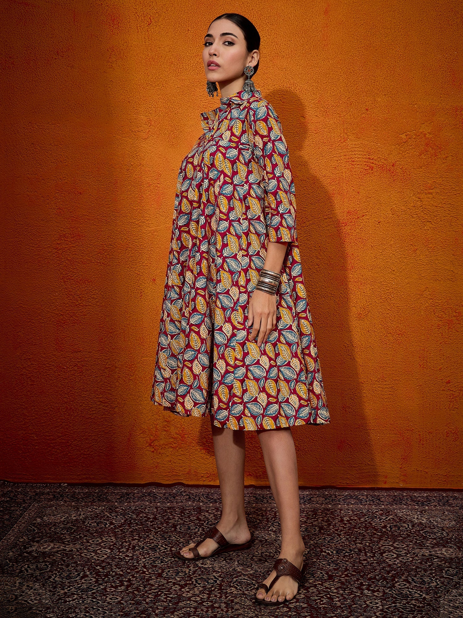 InWeave Maroon Yellow Blue Leaf Print Flared Dress - Distacart