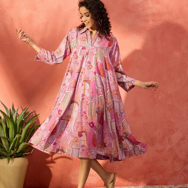 InWeave Dull Pink Window Floral Flared Collar Dress - Distacart