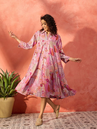 InWeave Dull Pink Window Floral Flared Collar Dress - Distacart
