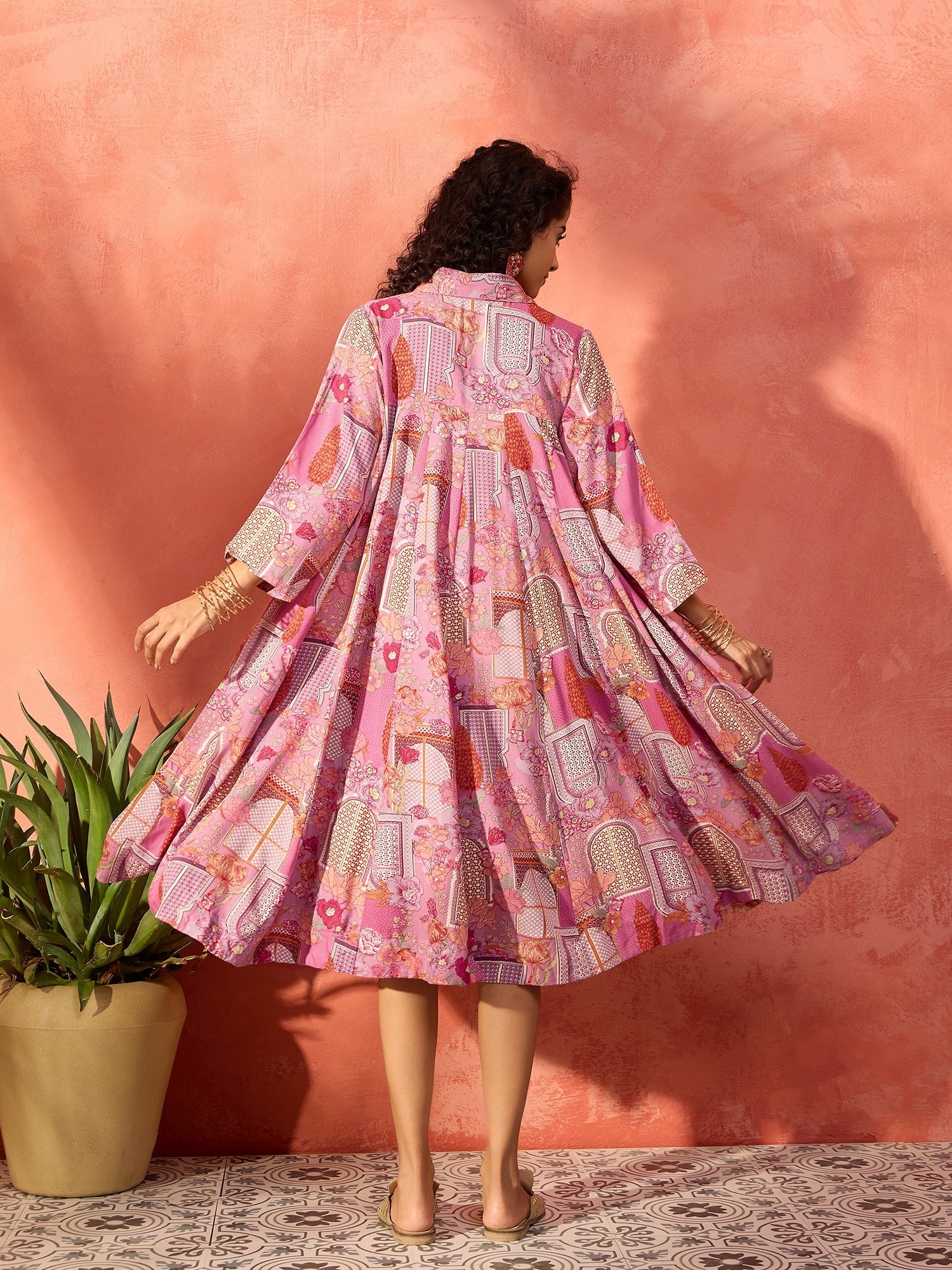 InWeave Dull Pink Window Floral Flared Collar Dress - Distacart