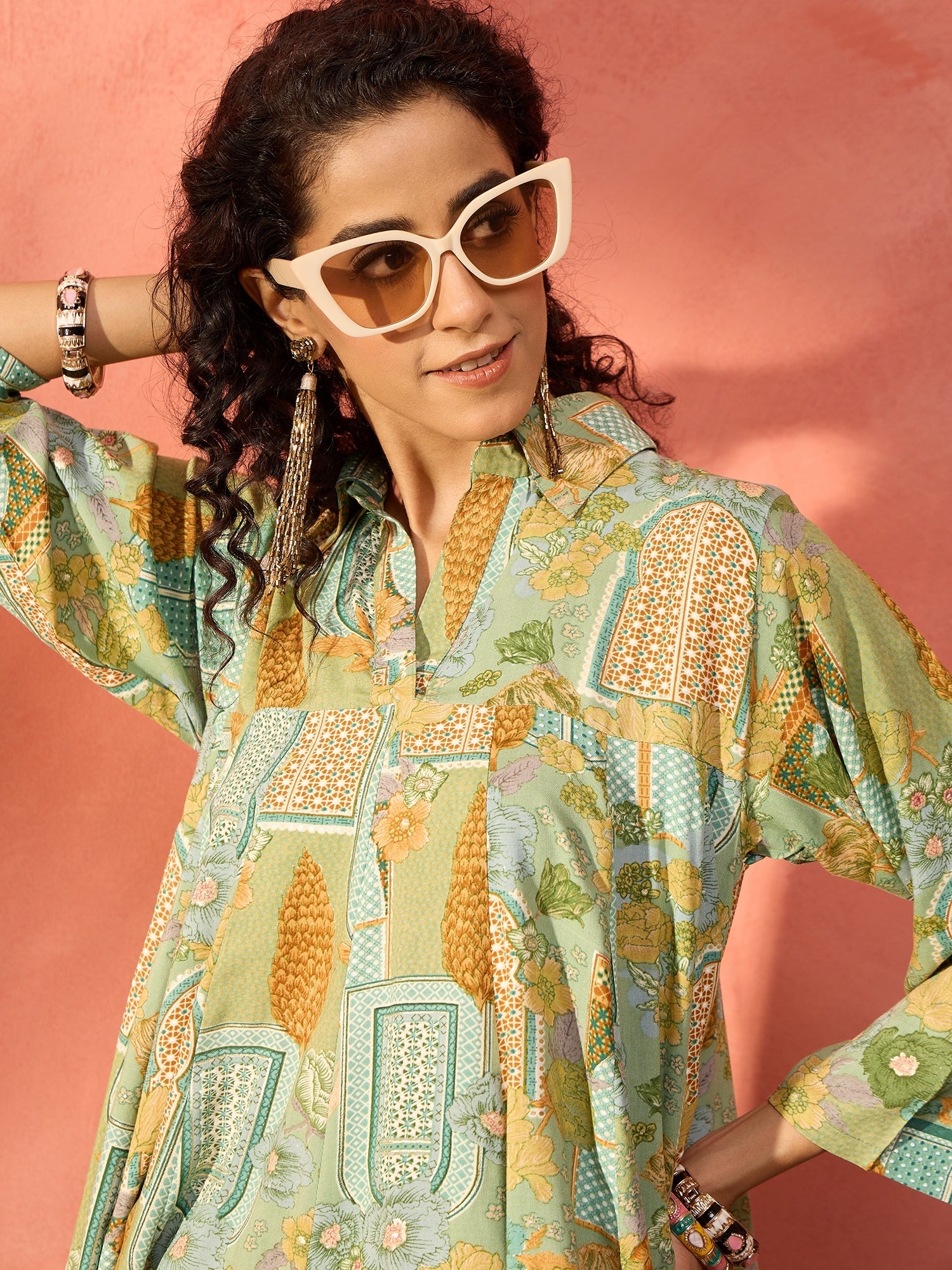 InWeave Pear Green Window Floral Flared Collar Dress - Distacart