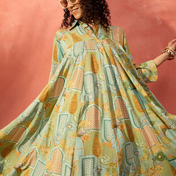 InWeave Pear Green Window Floral Flared Collar Dress - Distacart