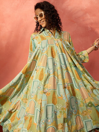 InWeave Pear Green Window Floral Flared Collar Dress - Distacart