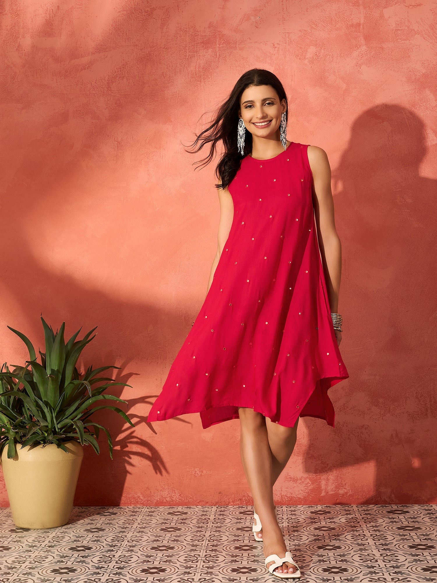 InWeave Red Mirror Work Round Neck W/S Dress - Distacart