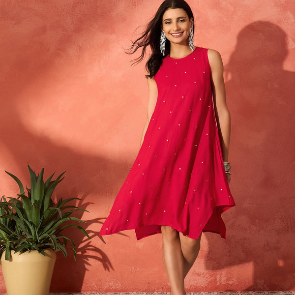 InWeave Red Mirror Work Round Neck W/S Dress - Distacart