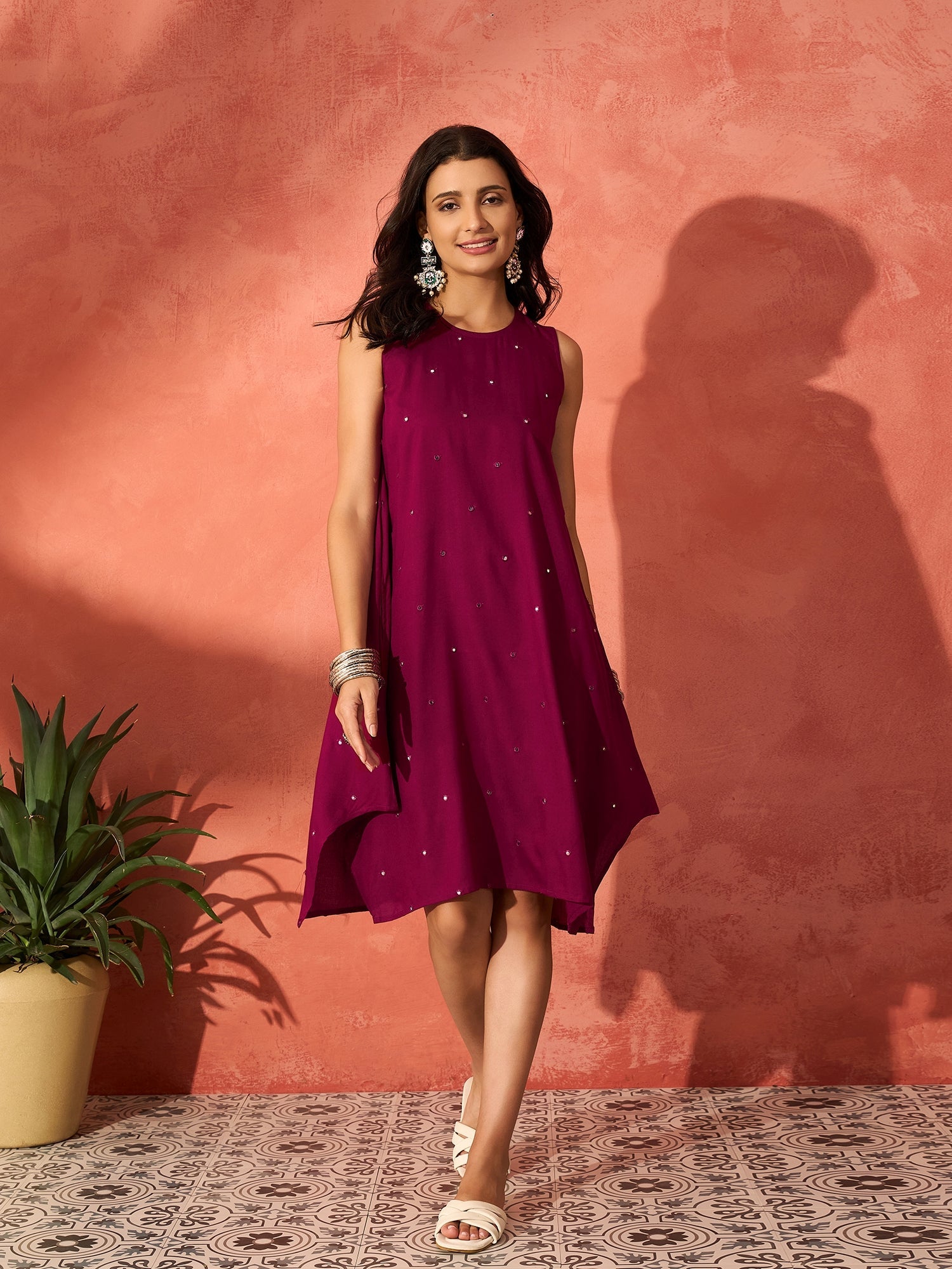 InWeave Wine Mirror Work Round Neck W/S Dress - Distacart