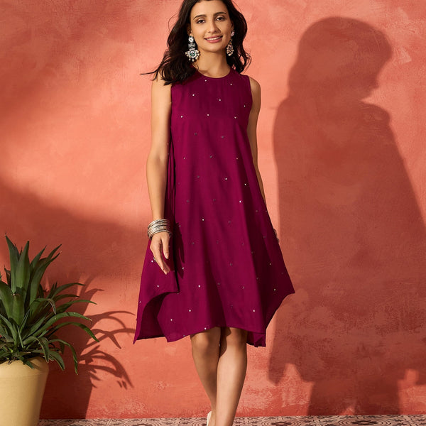 InWeave Wine Mirror Work Round Neck W/S Dress - Distacart