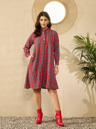 InWeave Red Green Check Mandarin Button Neck Dress - Distacart
