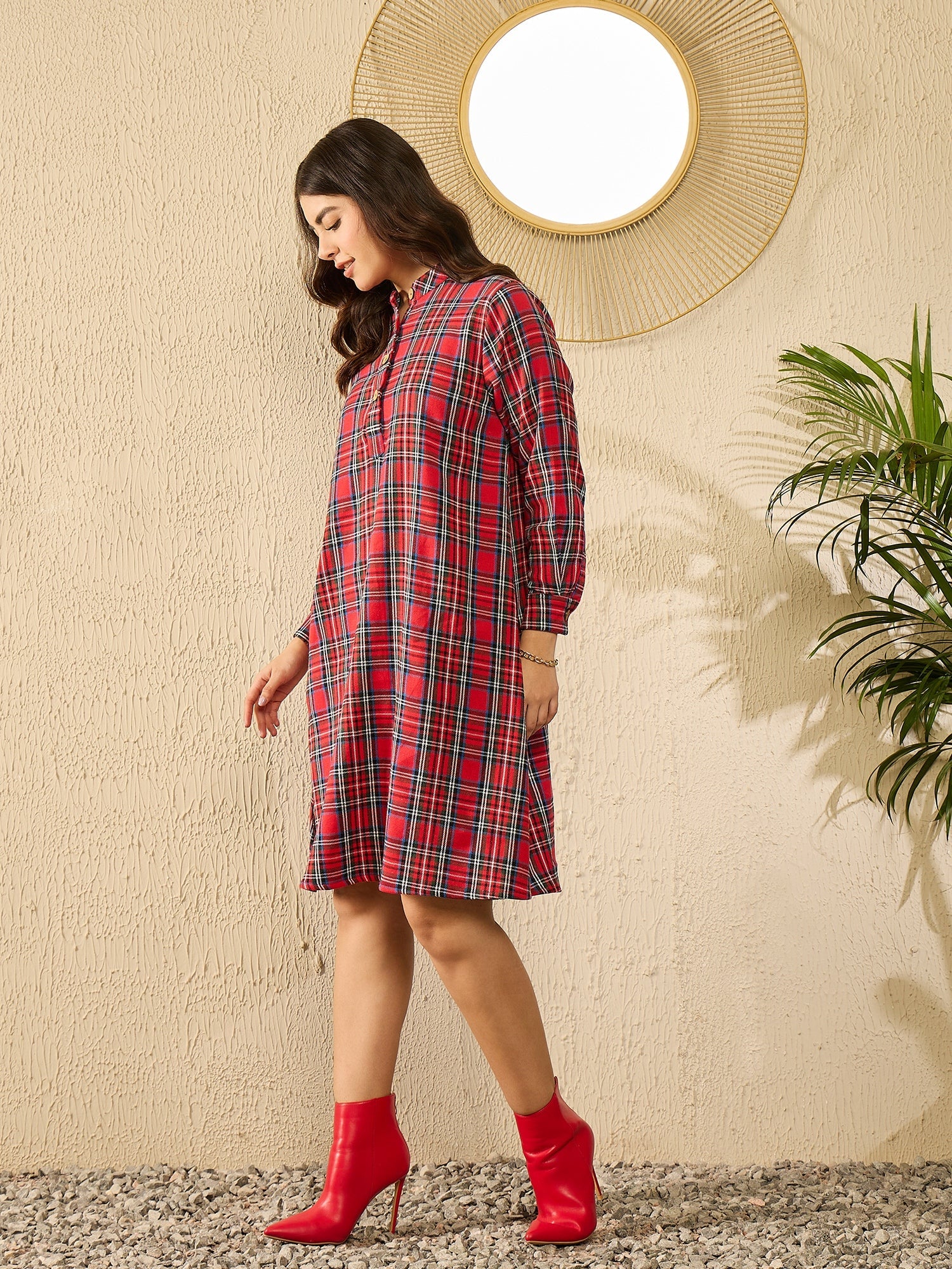 InWeave Red Green Check Mandarin Button Neck Dress - Distacart