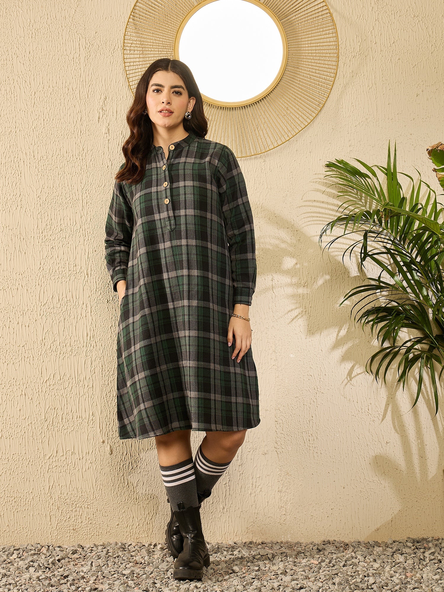 InWeave Green Black Check Mandarin Button Neck Dress - Distacart