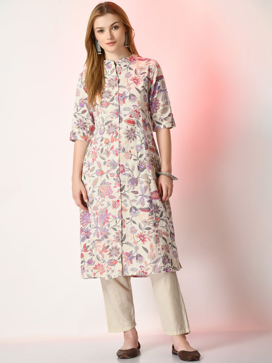 Sangria Off White Floral Printed Mandarin Collar Cotton A-Line Kurta - Distacart