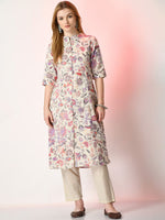 Thumbnail for Sangria Off White Floral Printed Mandarin Collar Cotton A-Line Kurta