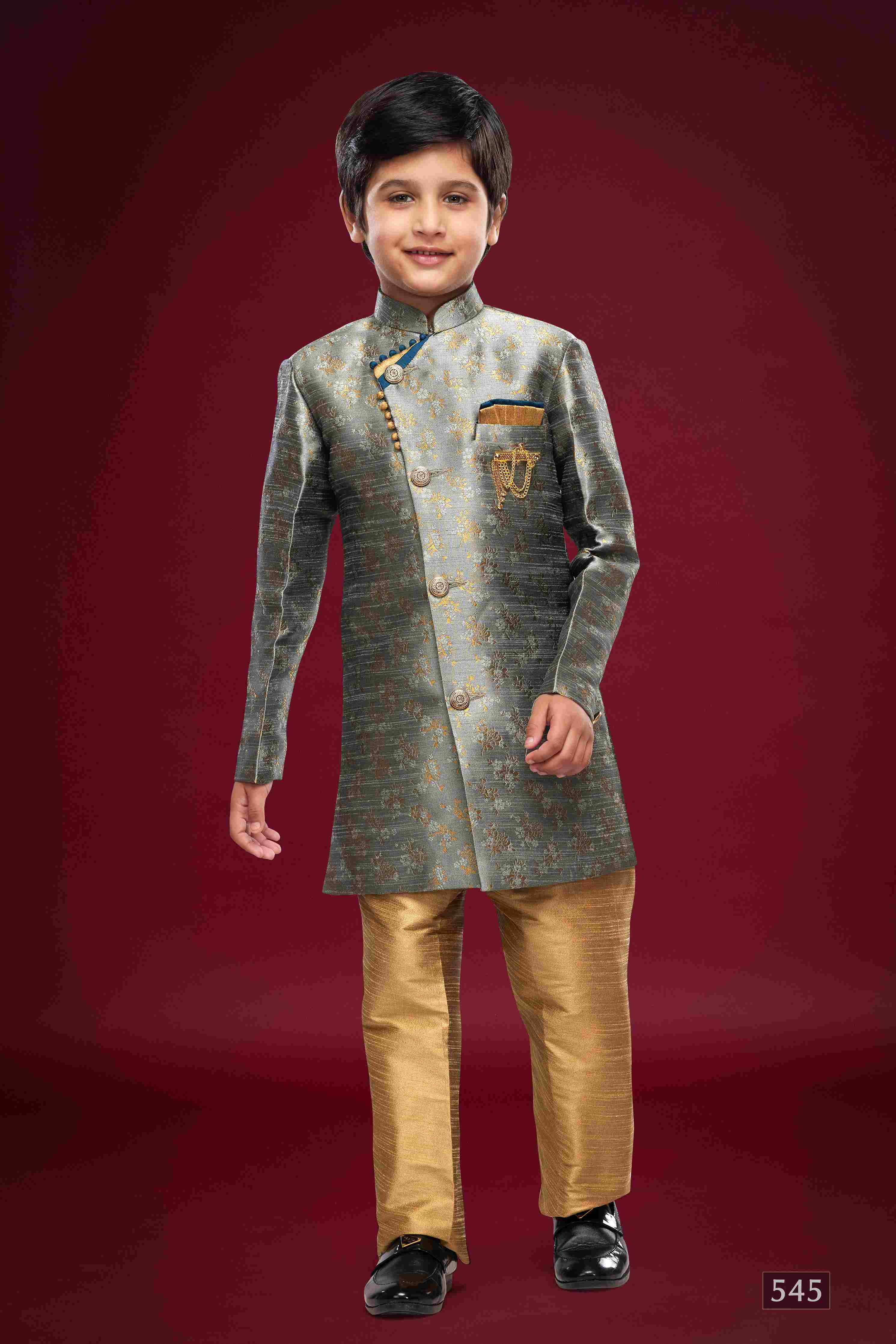 Raivat Ethnic Kids Banarasi Jacquard Woven Work Semi Indo Western Set Dark Grey Colour - Distacart