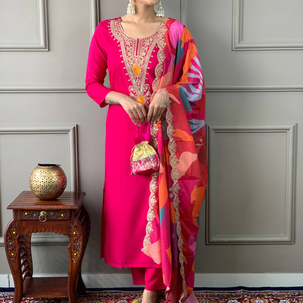 The52 Viscose Silk Fabric work Straight cut Kurta, Pant and Dupatta Set - Distacart