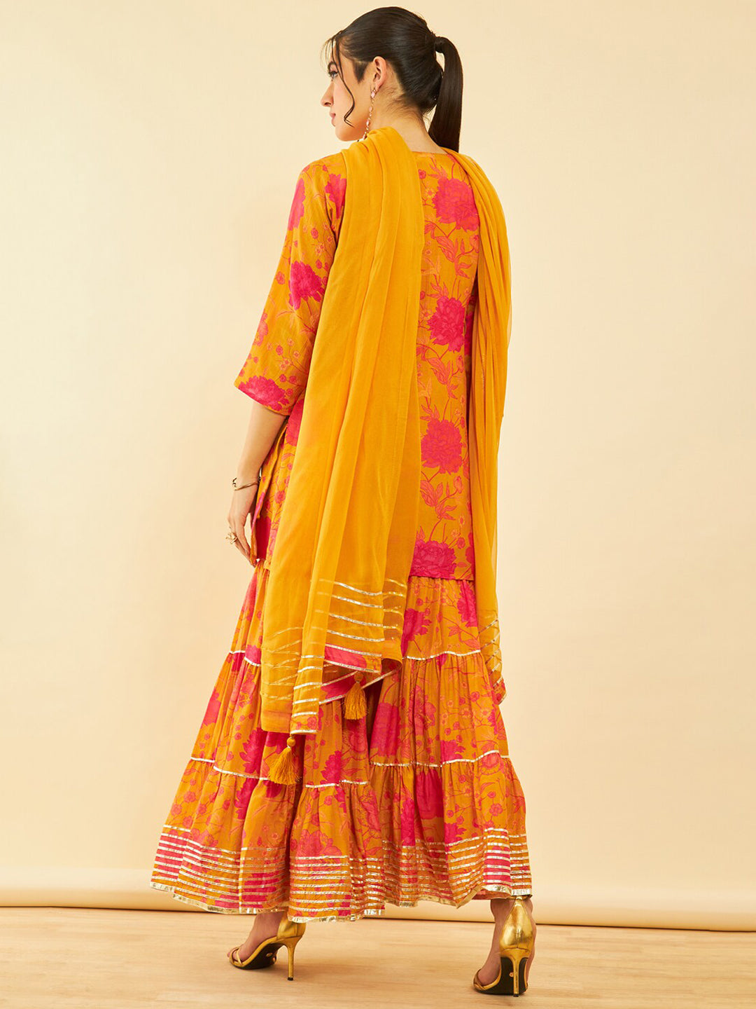 Soch Floral Printed Regular Zardozi Kurta with Sharara & Dupatta - Distacart