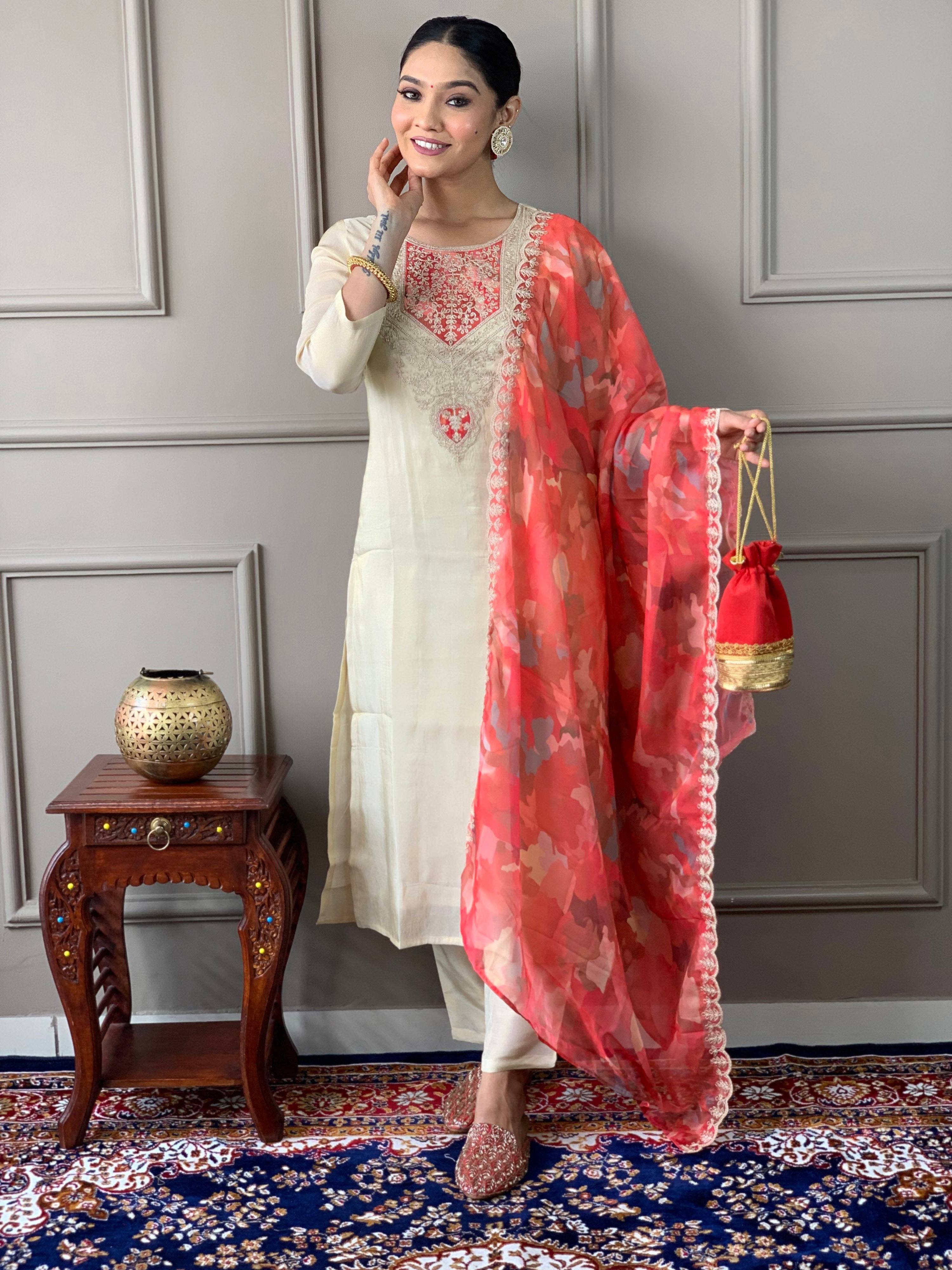 The52 Cream Embroidered Chanderi Silk Fabric Straight Kurta, Pant and Dupatta Set
