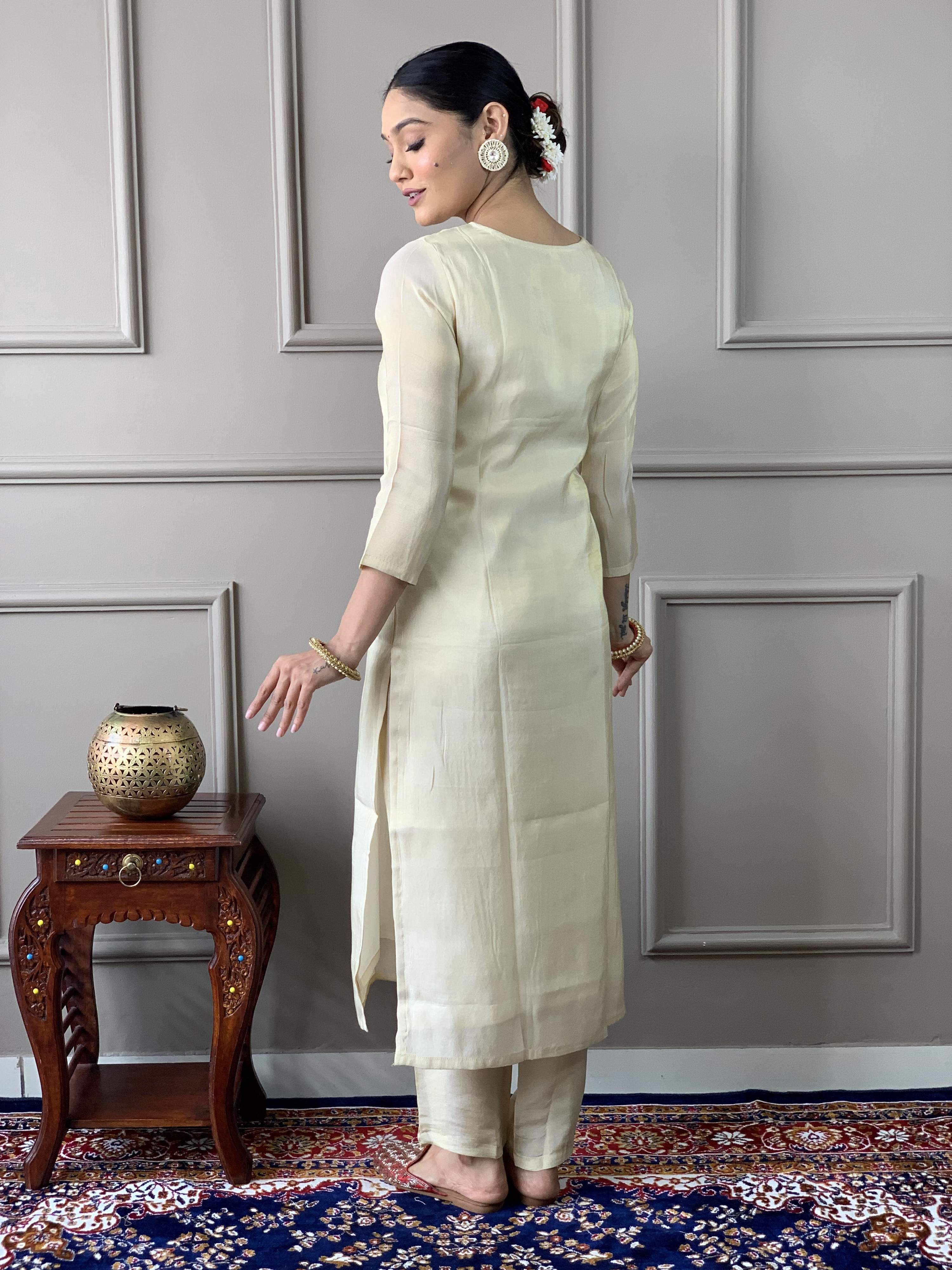 The52 Cream Embroidered Chanderi Silk Fabric Straight Kurta, Pant and Dupatta Set