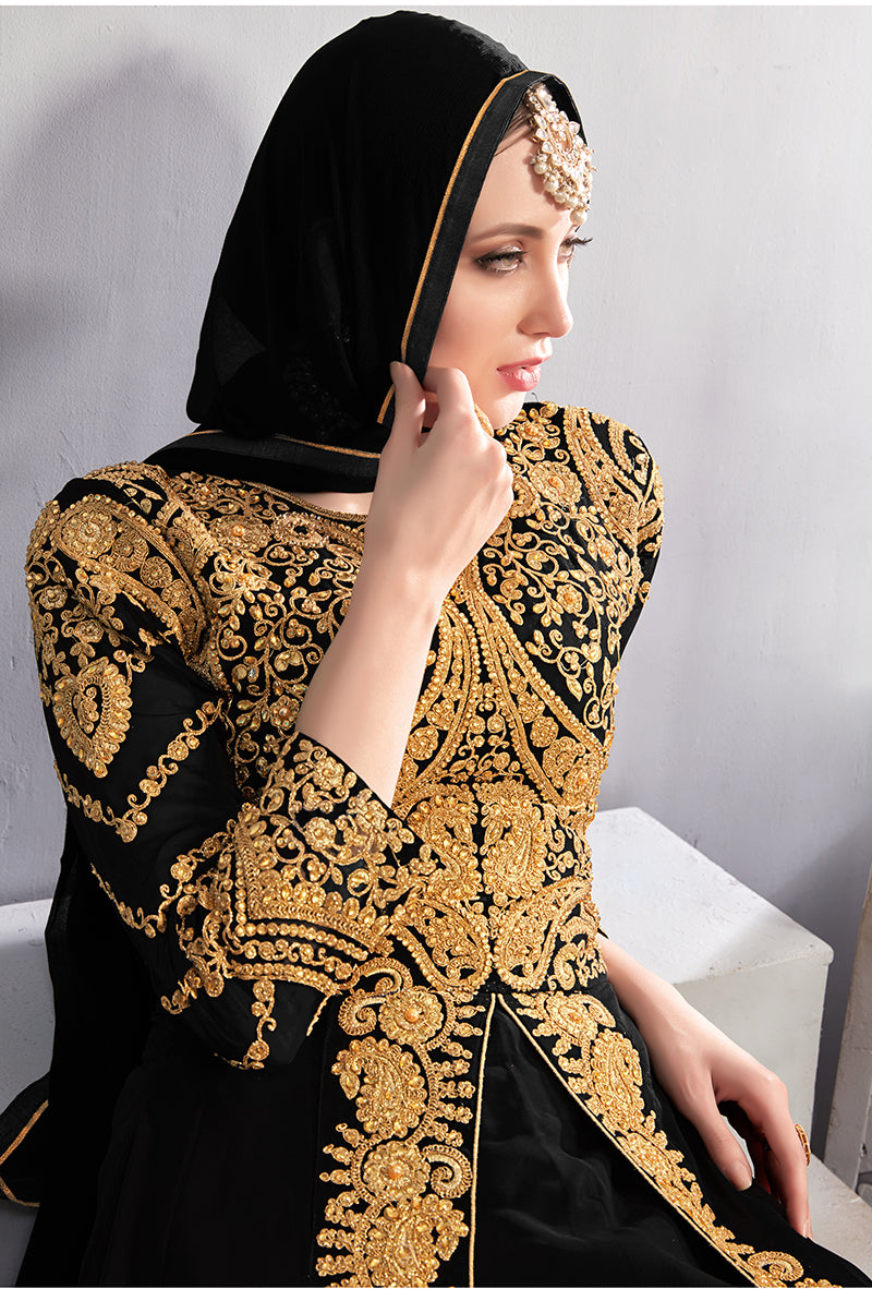 Monjolika Fashion Designer Real Georgette With Embroidered Pakistani Anarkali Suits In Black Color