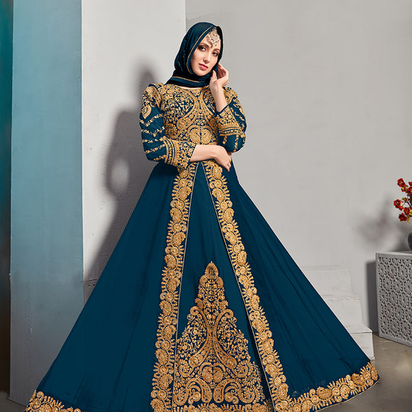 Monjolika Fashion Designer Real Georgette With Embroidered Pakistani Anarkali Suits In Teal Color - Distacart