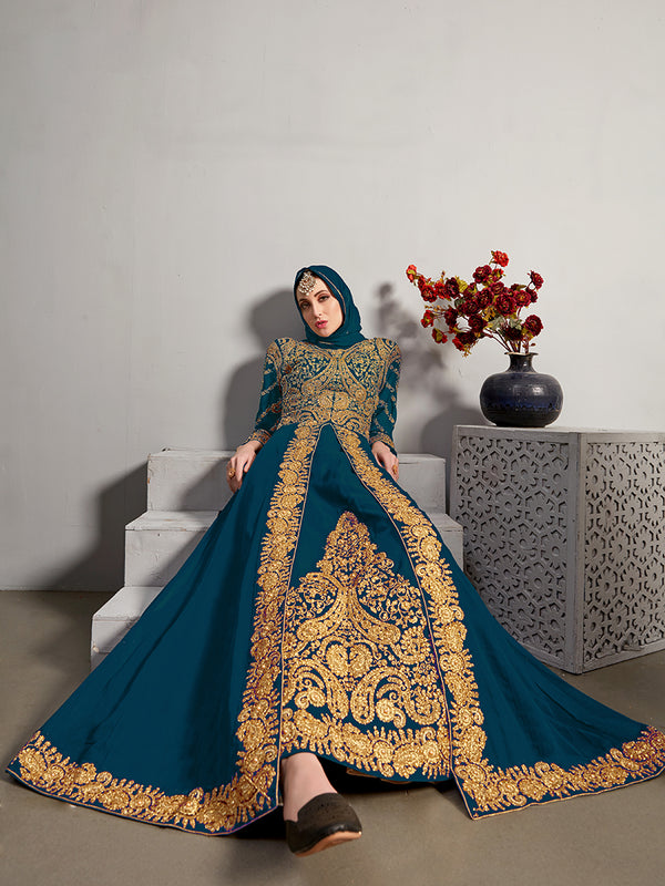 Monjolika Fashion Designer Real Georgette With Embroidered Pakistani Anarkali Suits In Teal Color