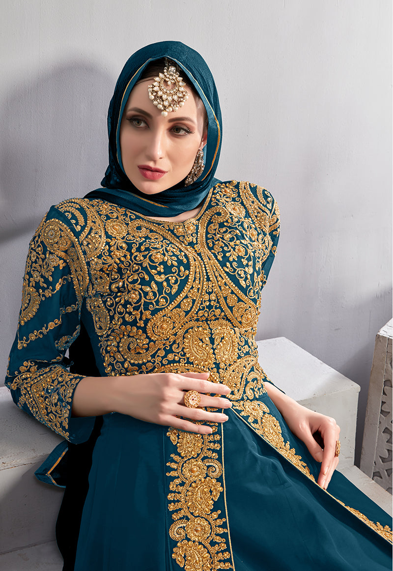 Monjolika Fashion Designer Real Georgette With Embroidered Pakistani Anarkali Suits In Teal Color