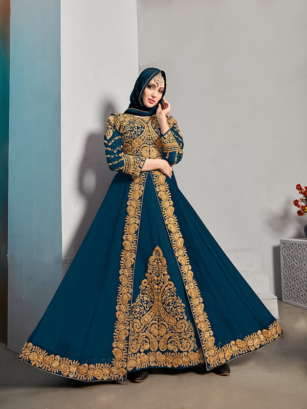 Monjolika Fashion Designer Real Georgette With Embroidered Pakistani Anarkali Suits In Teal Color
