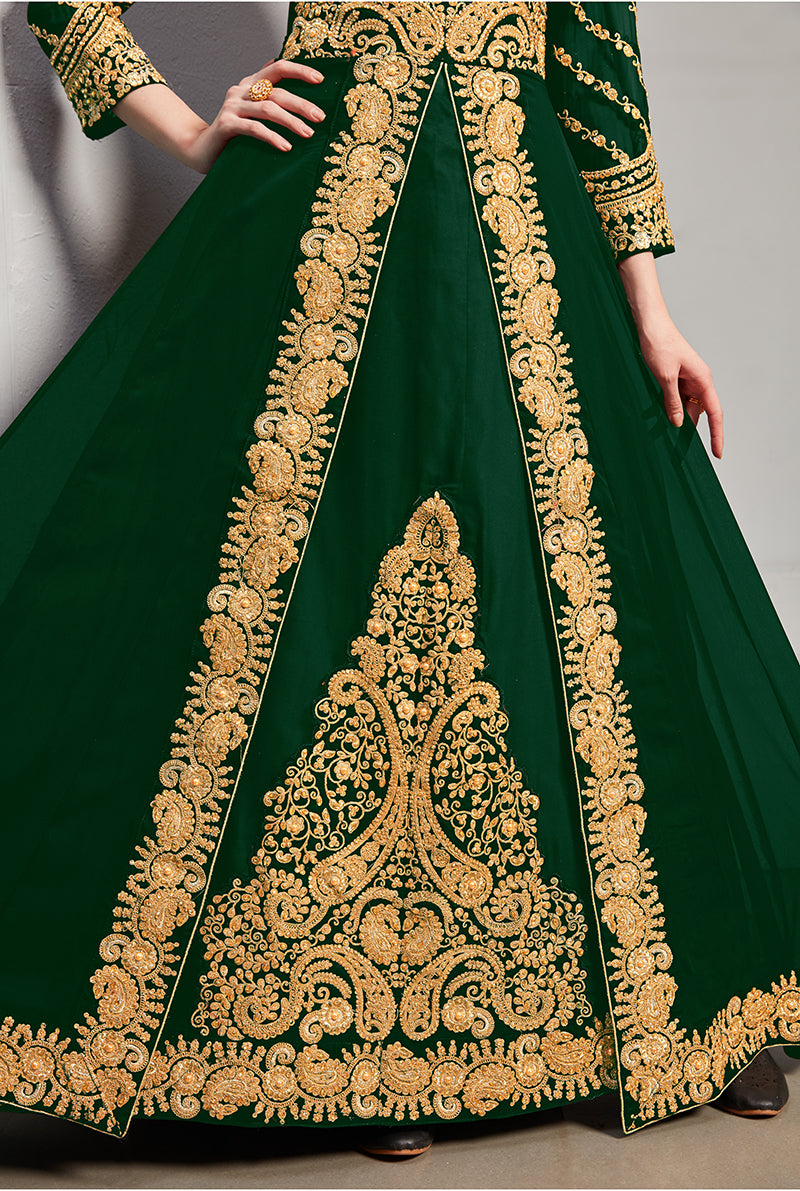 Monjolika Fashion Designer Real Georgette With Embroidered Pakistani Anarkali Suits In Dark Green Color