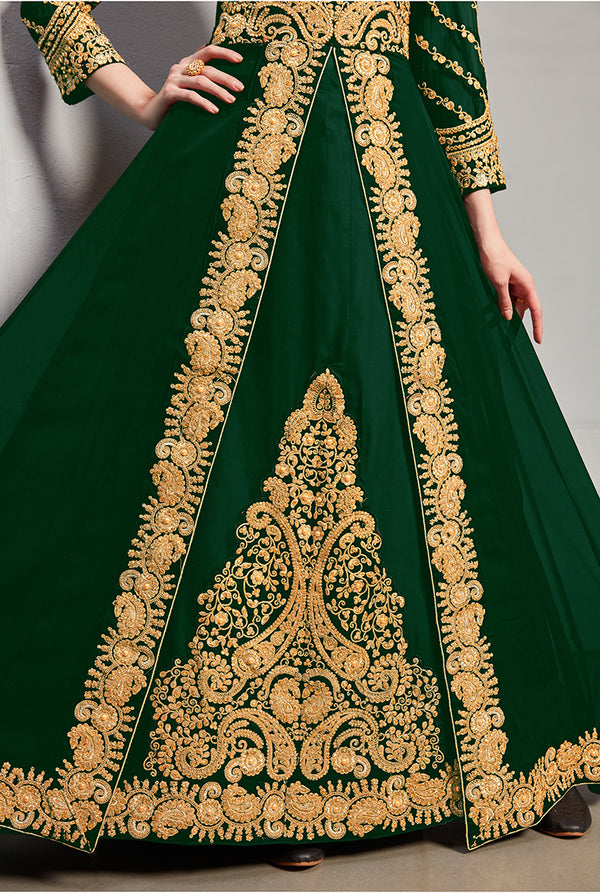 Monjolika Fashion Designer Real Georgette With Embroidered Pakistani Anarkali Suits In Dark Green Color