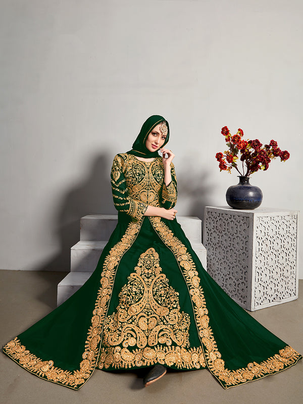 Monjolika Fashion Designer Real Georgette With Embroidered Pakistani Anarkali Suits In Dark Green Color