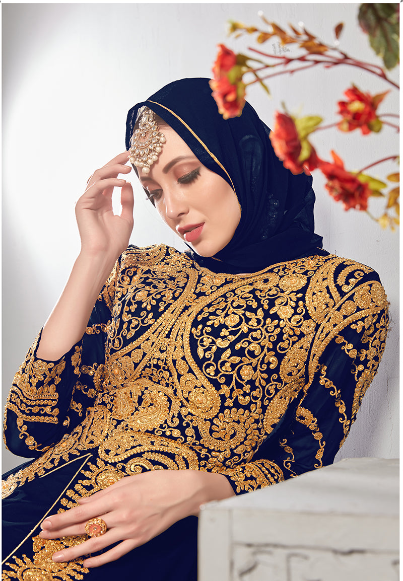 Monjolika Fashion Designer Real Georgette With Embroidered Pakistani Anarkali Suits In Navy Blue Color