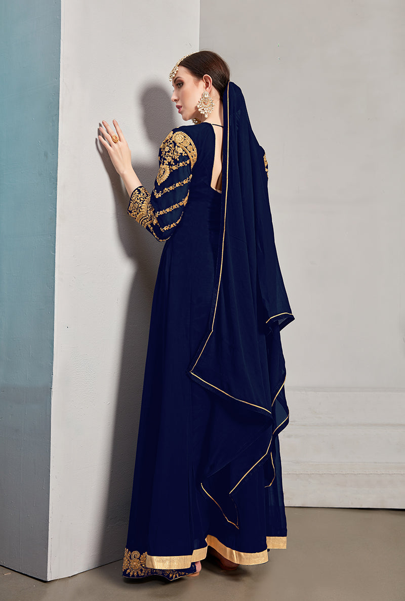 Monjolika Fashion Designer Real Georgette With Embroidered Pakistani Anarkali Suits In Navy Blue Color
