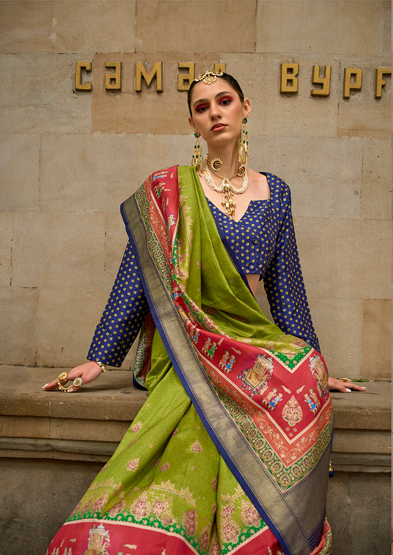 Monjolika Fashion Foil Print Ligh Green Viscose Silk Classic Saree