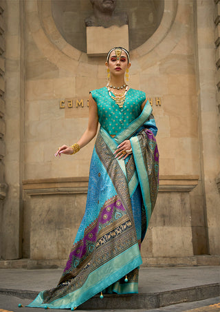 Monjolika Fashion Foil Print Firozi Viscose Silk Classic Saree