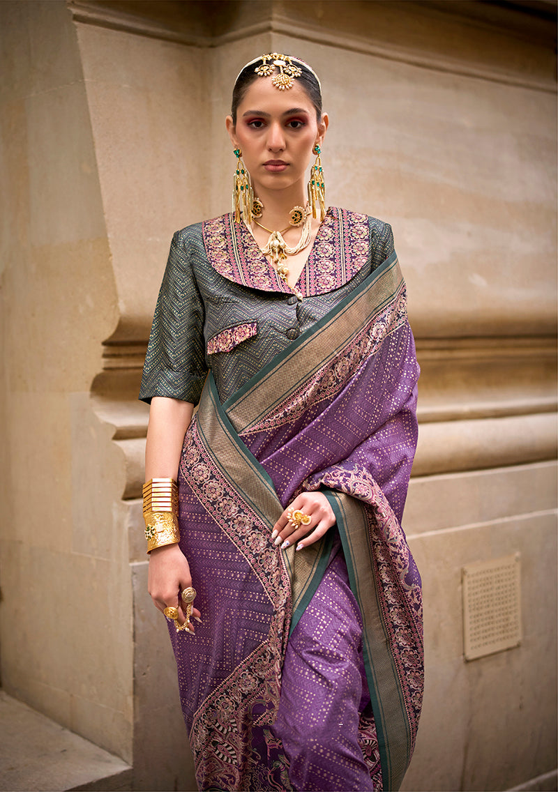 Monjolika Fashion Foil Print Purple Viscose Silk Classic Saree - Distacart