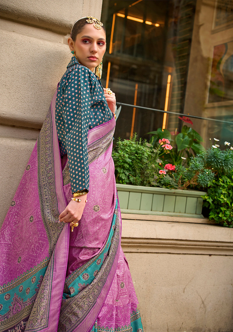 Monjolika Fashion Foil Print Pink Viscose Silk Classic Saree - Distacart