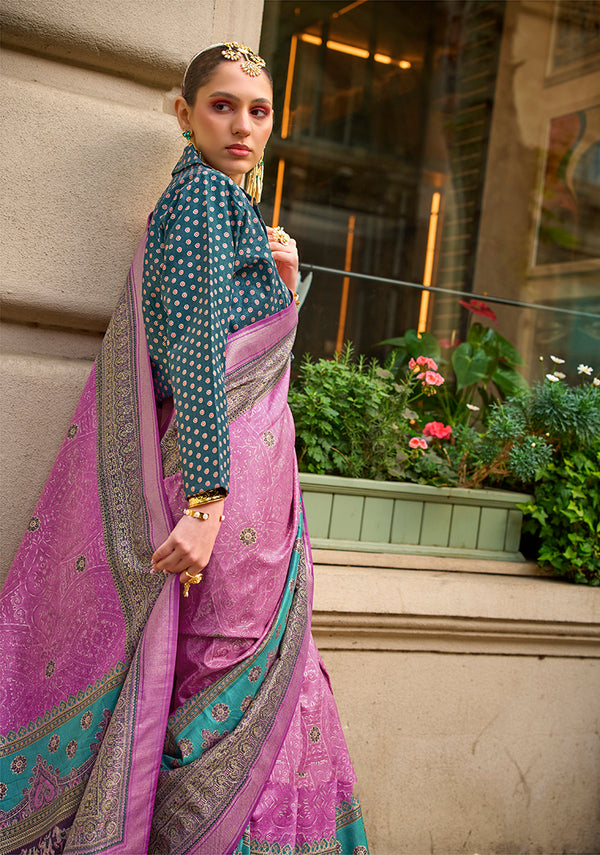 Monjolika Fashion Foil Print Pink Viscose Silk Classic Saree