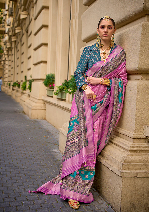 Monjolika Fashion Foil Print Pink Viscose Silk Classic Saree