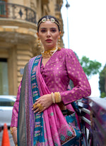 Thumbnail for Monjolika Fashion Foil Print Pink Viscose Silk Classic Saree