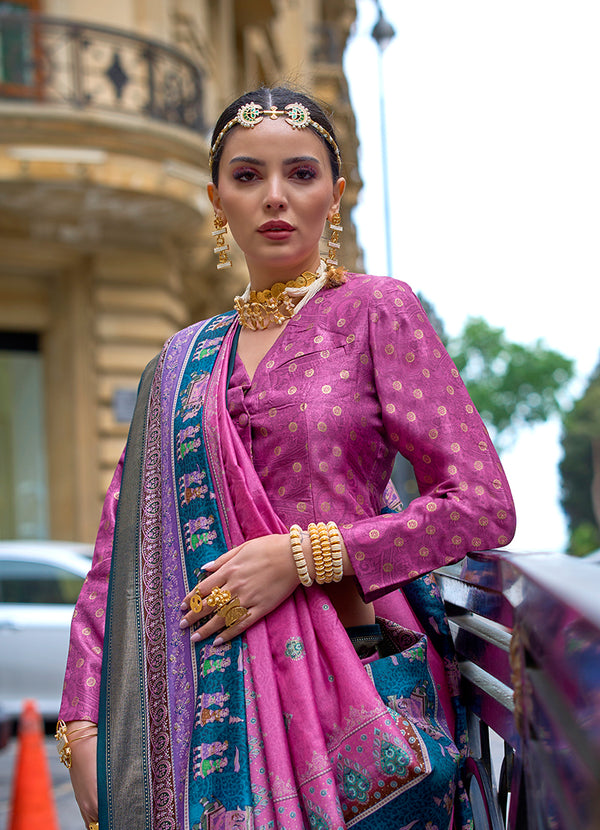 Monjolika Fashion Foil Print Pink Viscose Silk Classic Saree